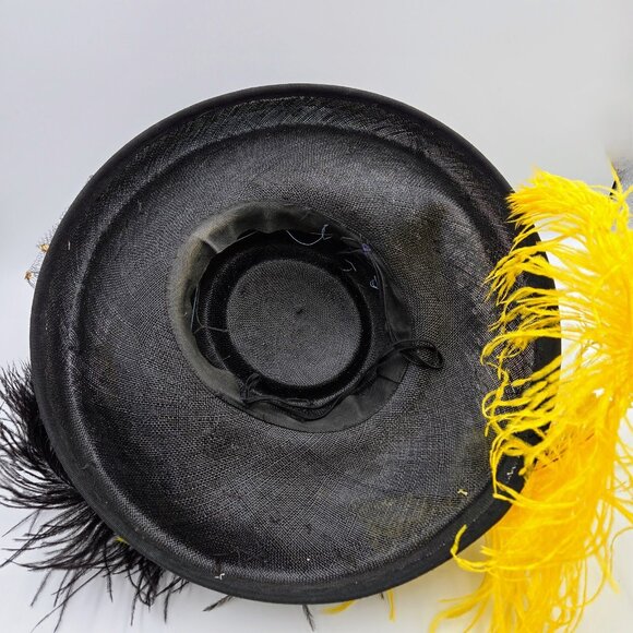 Vintage Hat With Feathers And Flowers Black Yellow Costume Halloween Fancy Read - Picture 9 of 11